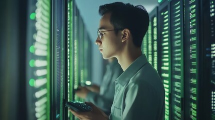 Fototapeta premium asian man in data center with server computer