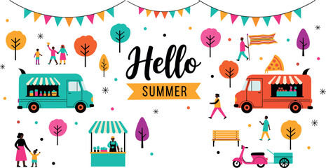 Hello summer festival scene with food trucks people outdoor activities bunting decorations colorful seasonal vector illustration © Danial