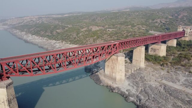 Attock Khurd rail bridge panoramic drone view across Indus River valley