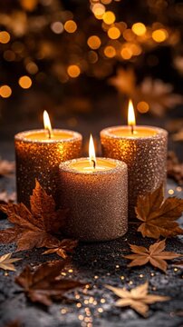 Three candles are lit on a table with leaves scattered around them. The candles are placed in a row, with one in the middle and the other two on either side