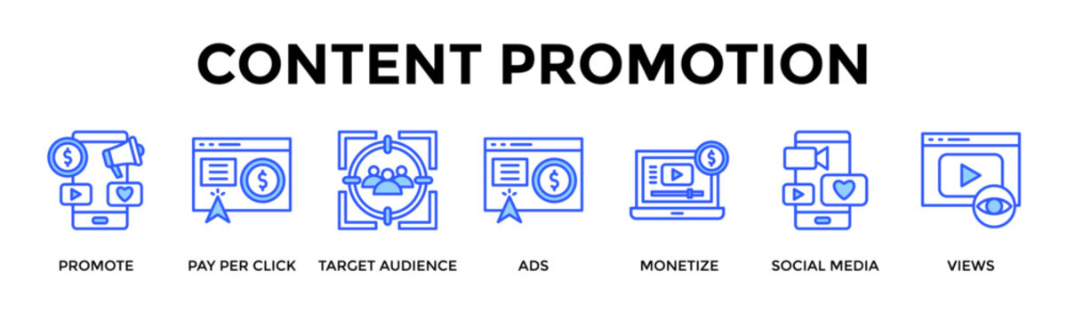Content Promotion  Banner Web  Icon Set Collection Pack Vector Illustration Concept Containing Promote, Pay Per Click, Target Audience, Ads, Monetize, Social Media, Views