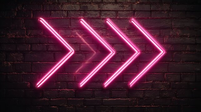 Bright pink neon arrows pointing right on a dark brick wall background