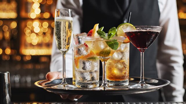 Bartender holding tray of cocktails highlighting artificial intelligence and digital evolution