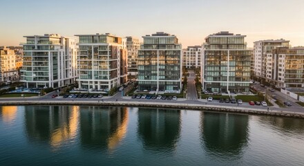 Obraz premium Modern waterfront apartment buildings showcasing sleek architecture, beautifully reflected on tranquil waters, capturing an elegant urban residential complex at golden hour