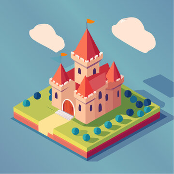 Ch&acirc;teau m&eacute;di&eacute;val isom&eacute;trique stylis&eacute; sur &icirc;lot verdoyant