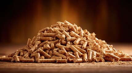 Obraz premium Pile of Natural Wood Pellets on Wooden Surface with Warm Lighting and Cozy Atmosphere for Home Heating and Cooking