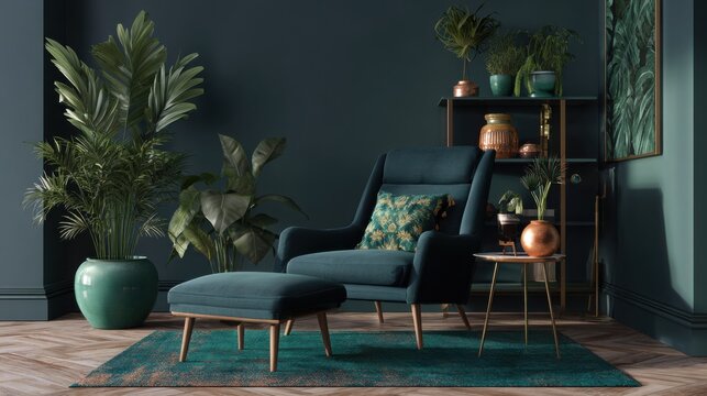 realistic vizualization of home decorations in dark lazur green
