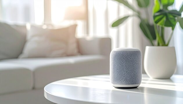 Smart speaker on white table in bright minimalist living room interior
