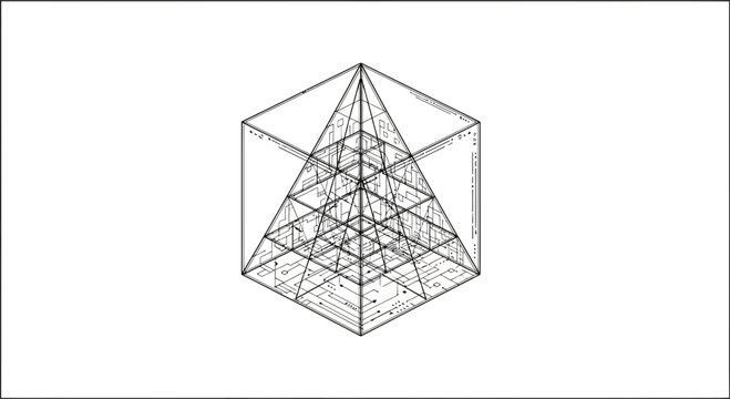 Geometric Pyramid Structure Inside a Wireframe Cube, Abstract 3D Rendering