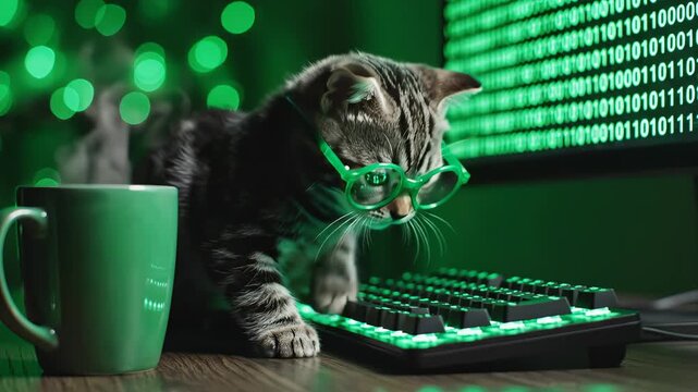 Cat wearing glasses at computer emphasizing advanced technology and cybersecurity