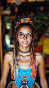 A woman with long dreadlocks and glasses is smiling. She is wearing a colorful scarf around her neck