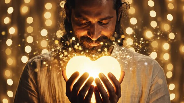 Man holding glowing heart shape highlighting geometric patterns and contemporary art