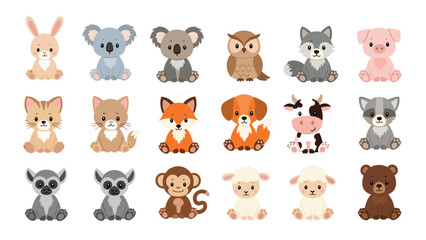 Fototapeta premium Large group of adorable cartoon baby animals including a rabbit, koala, owl, fox, and bear in a soft friendly style.