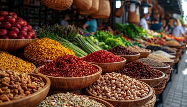 Vibrant market stall displays variety of colorful spices, nuts, and herbs in woven baskets, highlighting rich textures and fresh produce. High quality photo