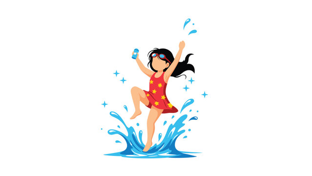 Young girl in a red swimsuit with stars jumps joyfully into water, creating a large blue splash on a clean white background.