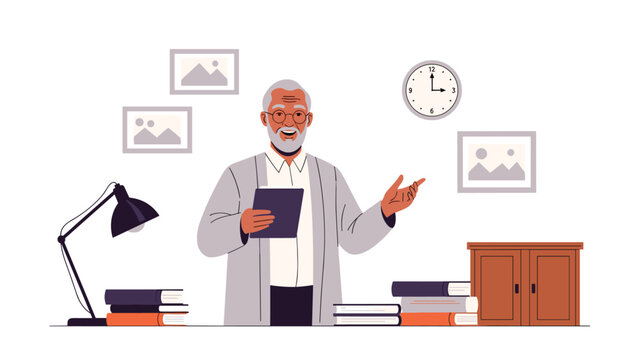 Experienced senior teacher or professor giving lecture in home office while using digital tablet and standing by books.