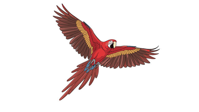 Beautiful scarlet macaw parrot with red and blue feathers flying gracefully through air against white background.