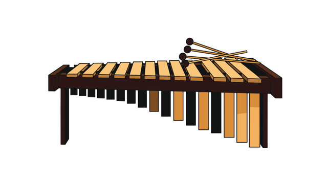 Traditional musical instrument xylophone made of wooden bars resting on stand with mallets ready for a performance.