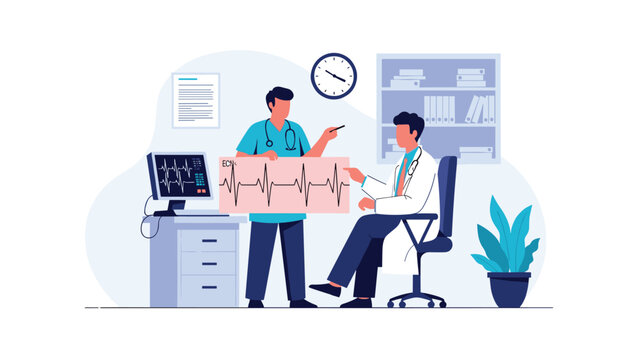 Male surgeon and nurse reviewing patient heart health by examining EKG monitor and paper strip in medical clinic.
