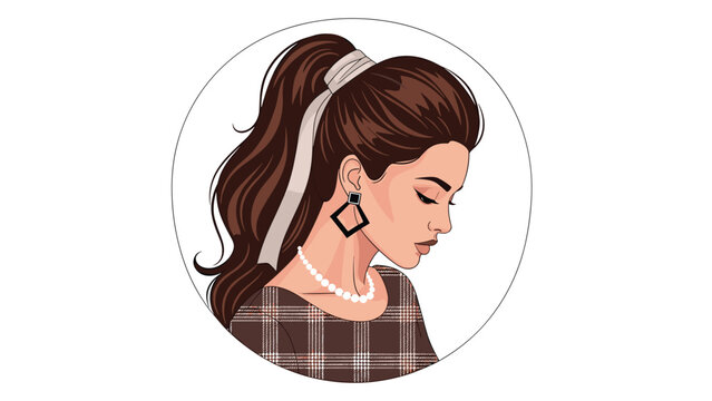 Elegant profile of a young woman with her hair styled in a high ponytail and a white bow, wearing sophisticated pearl jewelry.