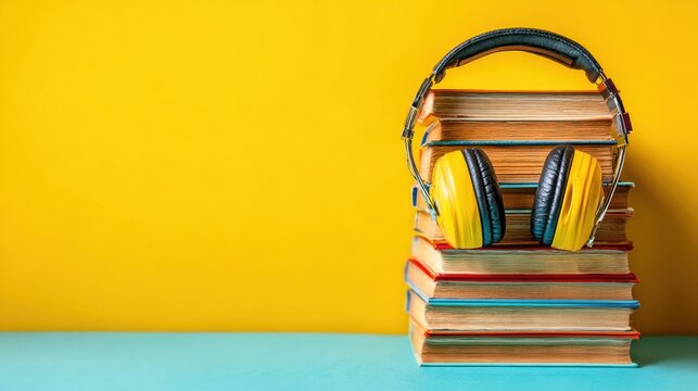 Vibrant Yellow Headphones Resting on a Stack of Colorful Books Against a Bright Yellow Background for Learning and Relaxation