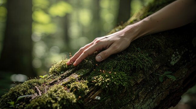 A hand gently touches moss covering a fallen tree trunk in a sunlit forest, highlighting a serene connection with nature.