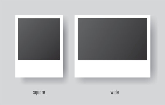 Realistic polaroid photo template. Empty two photo frames mock up with shadow. Vintage set in different formats - square and wide. Vector illustration on grey background.