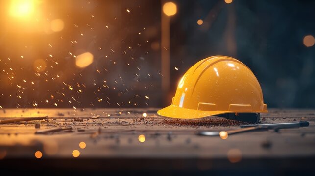 hardhat Industrial Setting A lone hardhat rests on a dusty workbench in a dimly lit factory, tools scattered around, conveying a sense of hard work.
