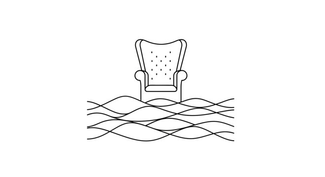 Surreal Wingback Chair Floating on Wavy Lines, Abstract Concept of Comfort and Disruption