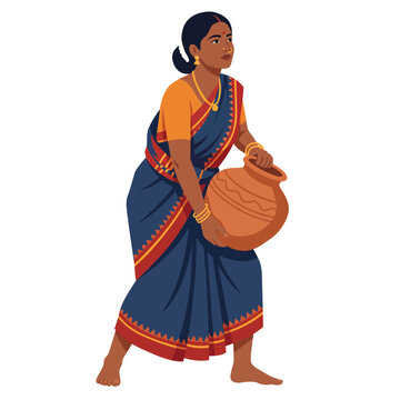 Standing Indian rural woman in a dark blue and red saree walking barefoot while carrying a large brown terracotta water pot.
