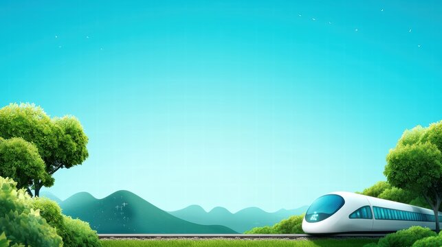 Train Environmental Sustainability A hyperloop train gliding through a lush green landscape, powered by solar panels, with clear blue sky.