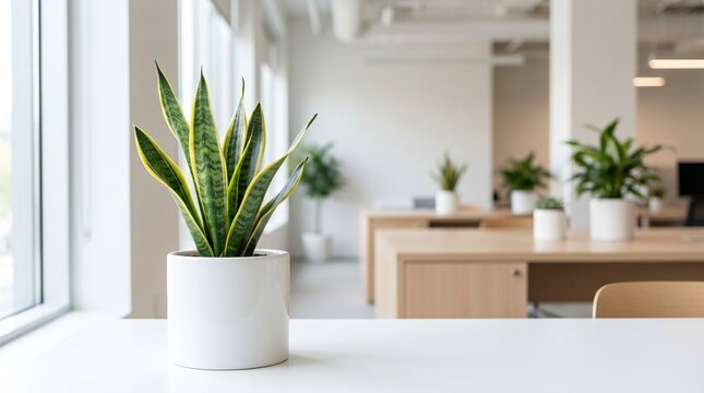 Green Snake Plant in White Pot on Desk	plant, indoor