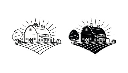 Farm barn icon set on a field in outline and solid black style for agricultural and rural branding © Mystic