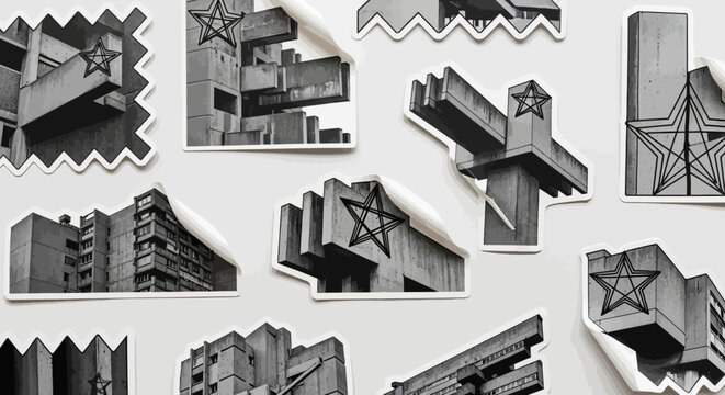 Brutalist Architecture Stickers Set with Soviet Star Symbols