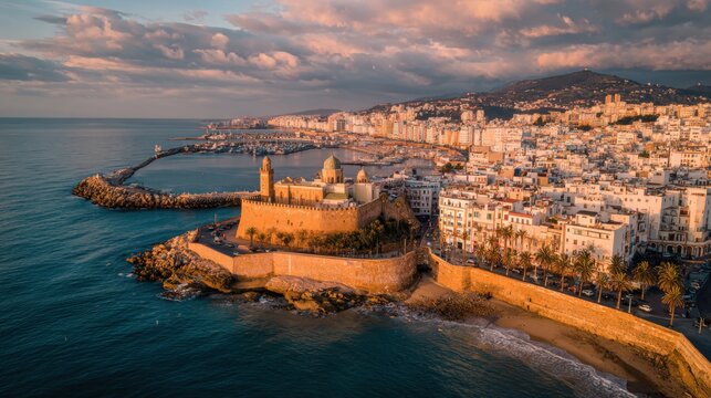 A cinematic aerial shot of Oran&rsquo;s coastline at sunset. The golden light glimmers on the Mediterranean, casting reflections off domed rooftops and whitewashed buildings
