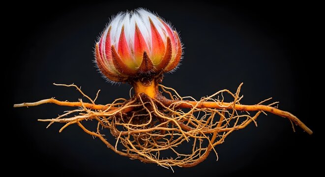Protea flower bud with root system on black background. Botany and biological growth concept. Exotic floral plant showing anatomy of roots and petals