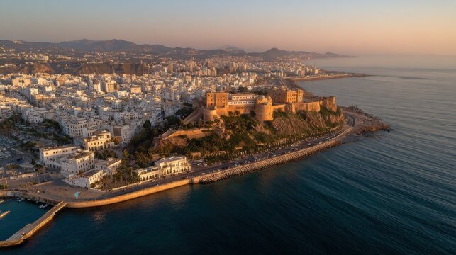A cinematic aerial shot of Oran&rsquo;s coastline at sunset. The golden light glimmers on the Mediterranean, casting reflections off domed rooftops and whitewashed buildings
