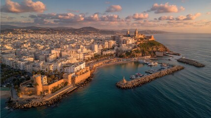 Fototapeta premium A cinematic aerial shot of Oran’s coastline at sunset. The golden light glimmers on the Mediterranean, casting reflections off domed rooftops and whitewashed buildings 