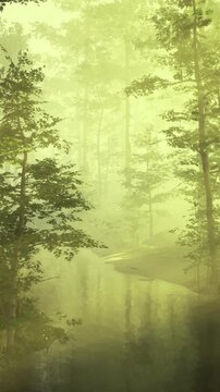 A river flows gently through a forest. Mist covers the ground and trees. The light filters through the leaves, creating a calming atmosphere in the early morning.