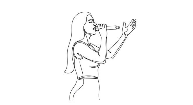 Minimalist line art illustration of female singer with microphone representing music performance vocal expression and entertainment concept