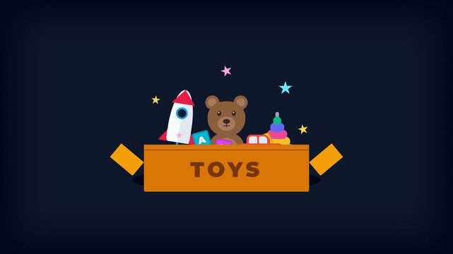 Colorful kids toy box illustration with teddy bear rocket and stacking rings for child education and play themes