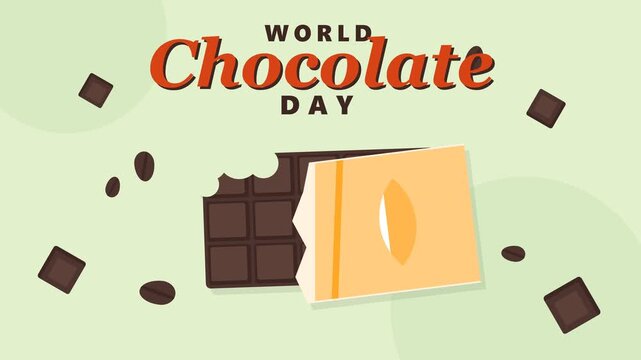 World Chocolate Day Illustration with Bitten Chocolate Bar and Cocoa Beans Motion Graphic Background
