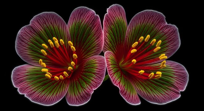 Vivid magenta and green floral petals with detailed texture. Vibrant nature art and botanical symmetry. Twin flowers blooming with bright yellow pollen tips in dark space