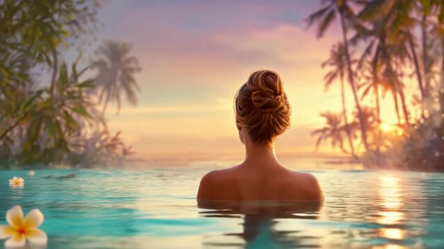 woman relax in luxury whirlpool in tropical surroundings animation