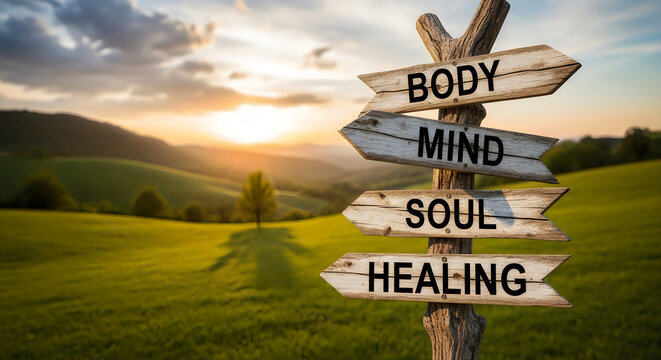 Wooden signpost with arrows pointing to body, mind, soul, and healing, set in a peaceful green landscape with a beautiful sunset