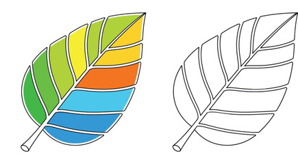 Obraz premium Stylized colorful leaf icon alongside a black outline version. Vector graphic for coloring pages, nature logos, or environmental designs.