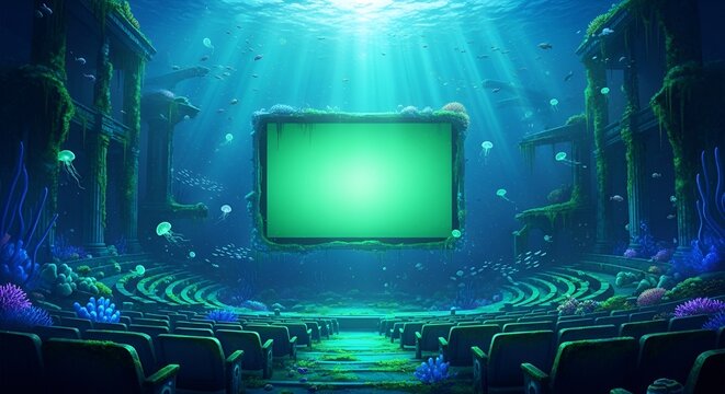 Underwater theater with green screen display.
