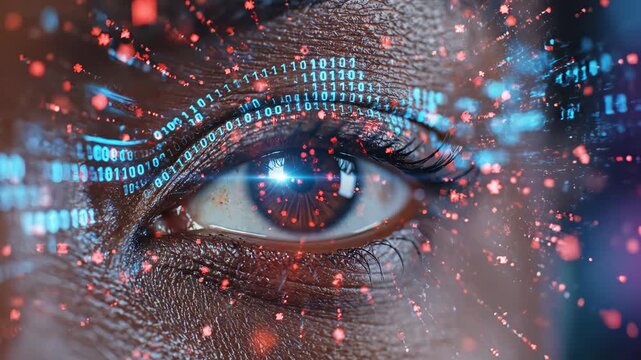 Closeup of an eye with digital binary code representing smart infrastructure and connectivity