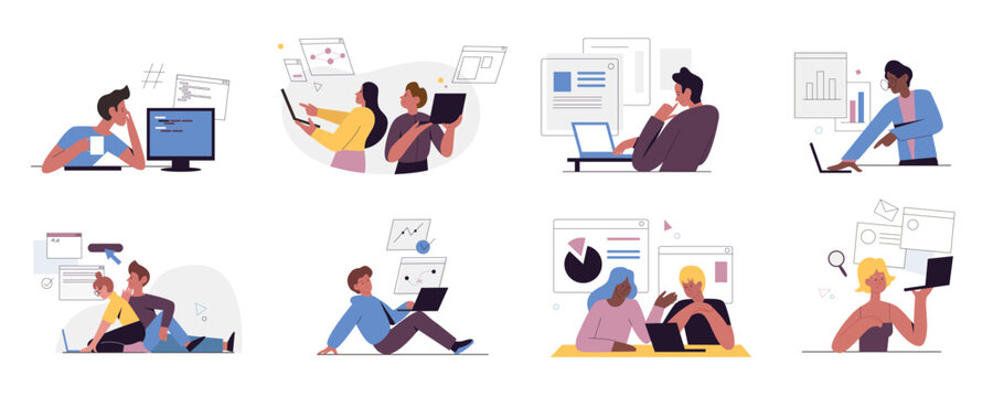 Web developers people work vector illustration set. Cartoon designer coder characters working with virtual graphical interface, developing website design, writing software code isolated on white