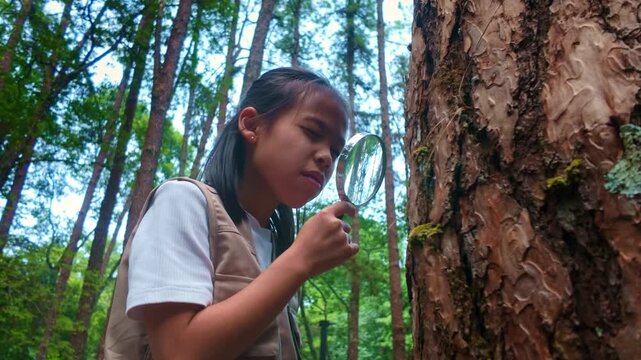 Curious young Asian girl using a magnifying glass to explore tree bark in a pine forest, nature education and outdoor science learning concept.